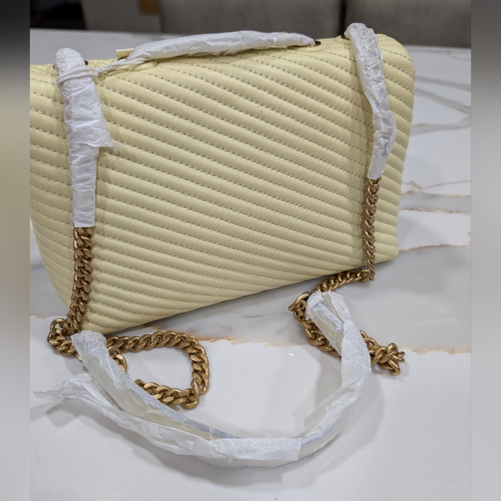 NWT Tory Burch Kira Moto Quilt Small Flap Leather Crossbody Bag in Lemon Swirl - Picture 2 of 6